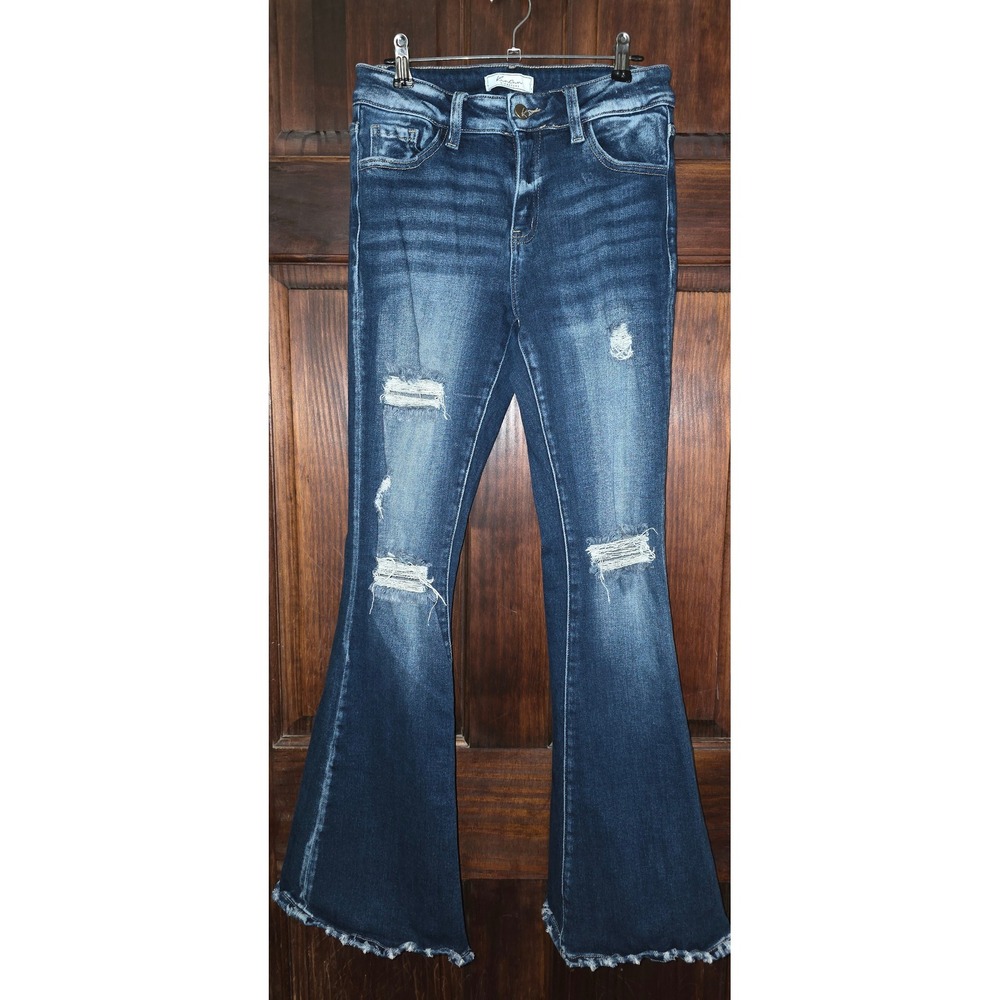 KanCan Signature Distressed Flare Jeans Medium Wash Raw Hem Bell Bottoms